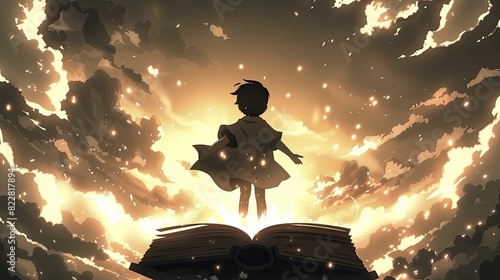 Student soaring through skies atop giant book, pointing towards sunset with parent and child scenes below, suitable for promotional education posters, space area at center for text ads photo