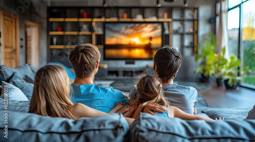 Family members watching a movie together in the living room