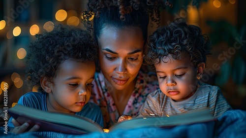 Mother reading a storybook to her children before bedtime photo