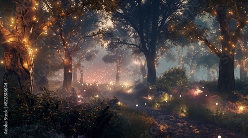 A 3D enchanted forest scene with twinkling lights and ethereal mist weaving through the trees at dusk. 32k, full ultra hd, high resolution