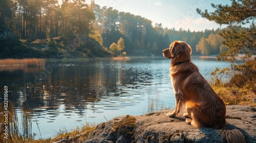 Thoughtful Large Dog on Nature Walk, Contemplating Lake in Forest