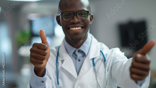 Black male doctor smiling and giving a thumbs up
