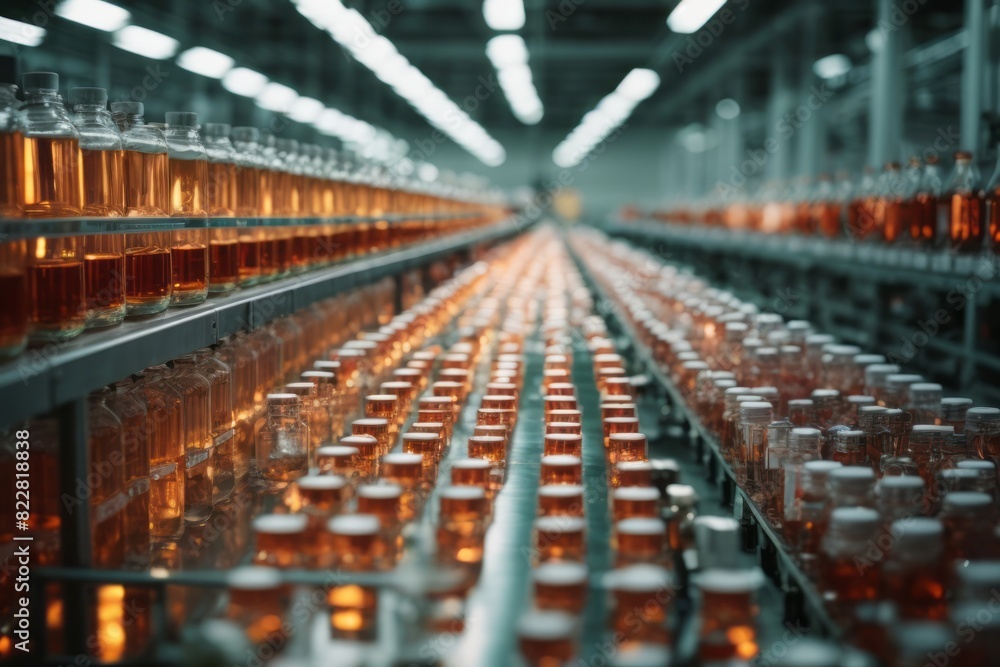 Obraz premium Medical glass bottles containing medicine or serum in pharmaceutical factory