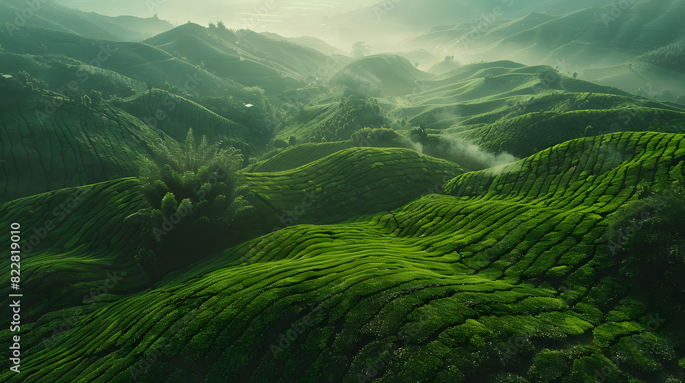 Mystical sunrise over lush tea plantation hills