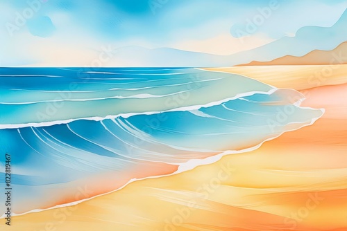 Sandy beach and blue ocean watercolor painting landscape 