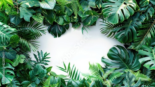 Wild Jungle Frame with Tropical Foliage and Orchids on White Background