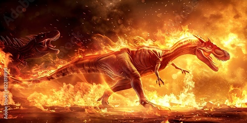 Dinosaur's Strong Legs Help It Escape Fire as Dragon Roars in the Distance. Concept Dinosaurs, Escape, Fire, Dragon, Adventure © Ян Заболотний