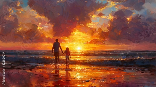 Family enjoying a sunset walk on the beach