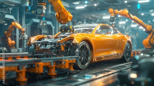  Automotive assembly car industry 4.0 factory with advanced IoT automated autonomous robot arms technology on 5G system. Industrial revolution background. 