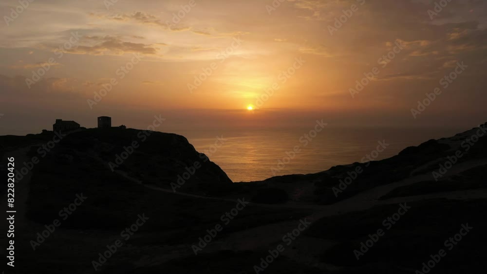 Cabo Espichel at Sunset. Golden Hour. Portugal. Aerial View. Drone Moves Forward Cabo Espichel at Sunset. Golden Hour. Portugal. Aerial View. Drone Moves Forward