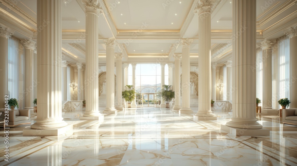 Luxury Hotel Lobby with Classical Columns, White Marble Ambience, and Greek Sculpture - Generated by AI