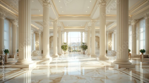 Luxury Hotel Lobby with Classical Columns, White Marble Ambience, and Greek Sculpture - Generated by AI