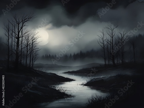 watercolour painting of nature in contemporer noir style