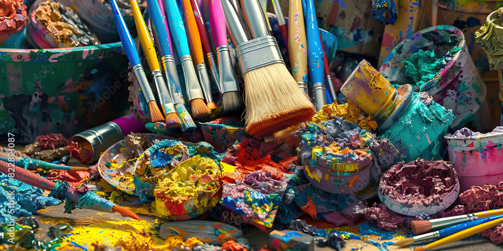 The Ecstatic Dance of Creation: A pile of colorful paints and brushes, surrounded by a whimsical collection of found objects.