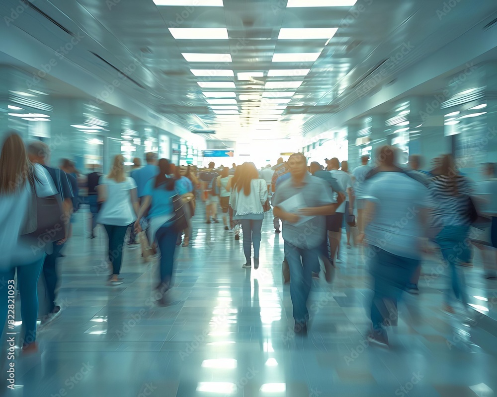 Blurred image of people walking through a busy, light-filled corridor, capturing the motion and hustle of an everyday busy environment.
