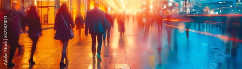 Blurred city street at night with people walking, illuminated by vibrant lights and reflections creating a dynamic urban nightlife scene.