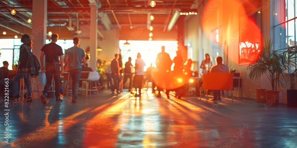 Silhouetted people in a vibrant, sunlit coworking space creating a dynamic atmosphere with industrial interior design and large windows. Silhouetted people in a vibrant, sunlit coworking space creating a dynamic atmosphere with industrial interior design and large windows.