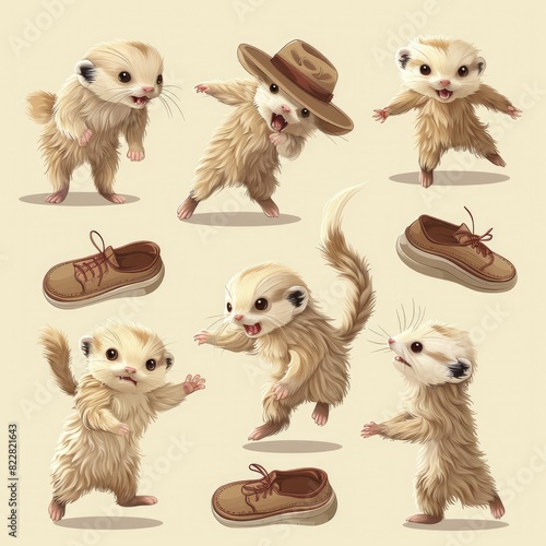Little Angora Ferret Cute character multiple posses and expression children's book illustration style photo