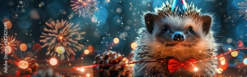Cute Hedgehog Celebrating New Year's Eve with Fireworks and Party Hat on Funny Animals Banner Greeting Card