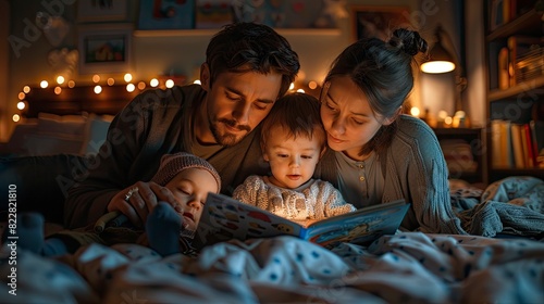 Parents reading bedtime stories to children in a cozy bedroom