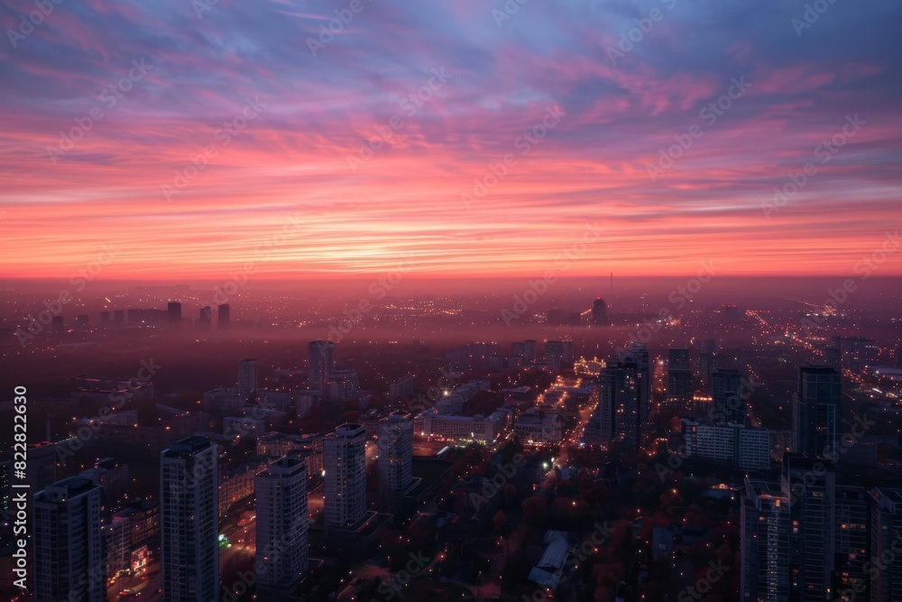 Obraz premium A dawn view of a city from a high vantage point, with a soft pink and orange sky
