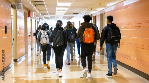 A diverse group of students walk through a brightly lit school hallway, wearing backpacks and engaged in conversation.