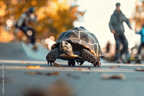 A tortoise with rollerblades, swiftly gliding in a skate park among fastmoving skaters, highlighting the ironic speed photo