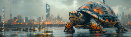 A turtle with a satellite dish shell and periscopic eyes monitoring the coastal shores of a futuristic metropolis photo