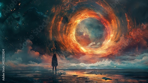 A person stepping through a portal into a parallel universe,