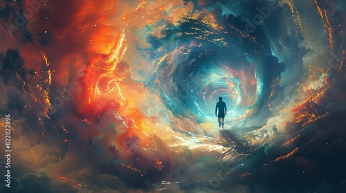 A person traveling through a swirling vortex of time and space, photo