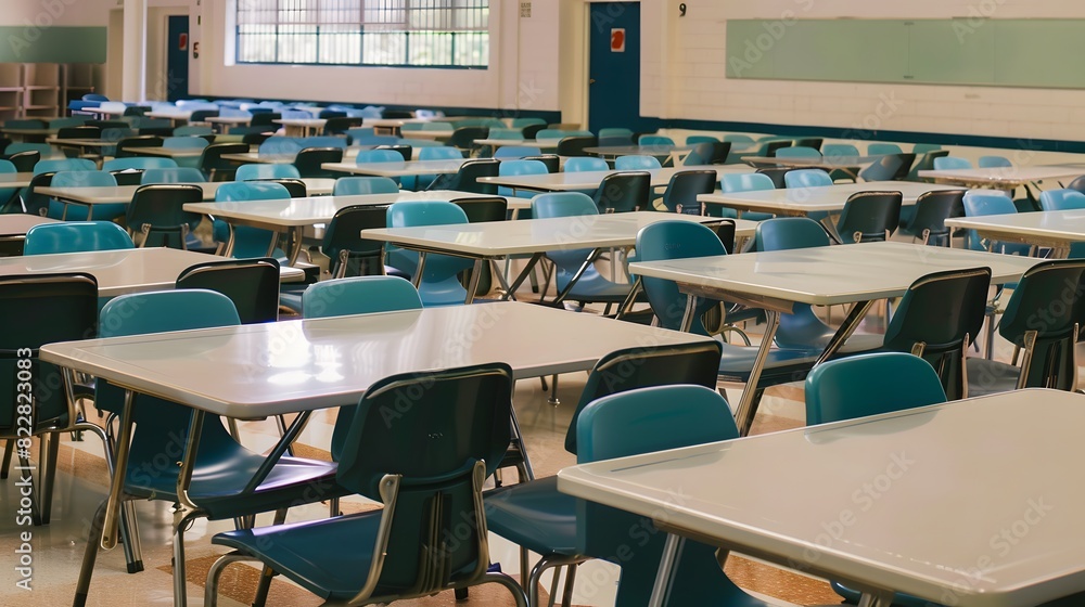Naklejka premium Spacious and brightly lit school cafeteria with neatly arranged empty tables and chairs, ready for students to gather for meals.