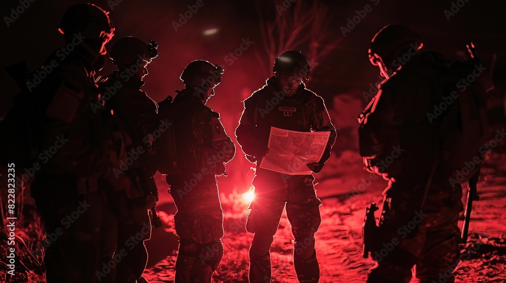 A special forces team plans a night raid, maps and intel spreading out under the glow of red tactical lights