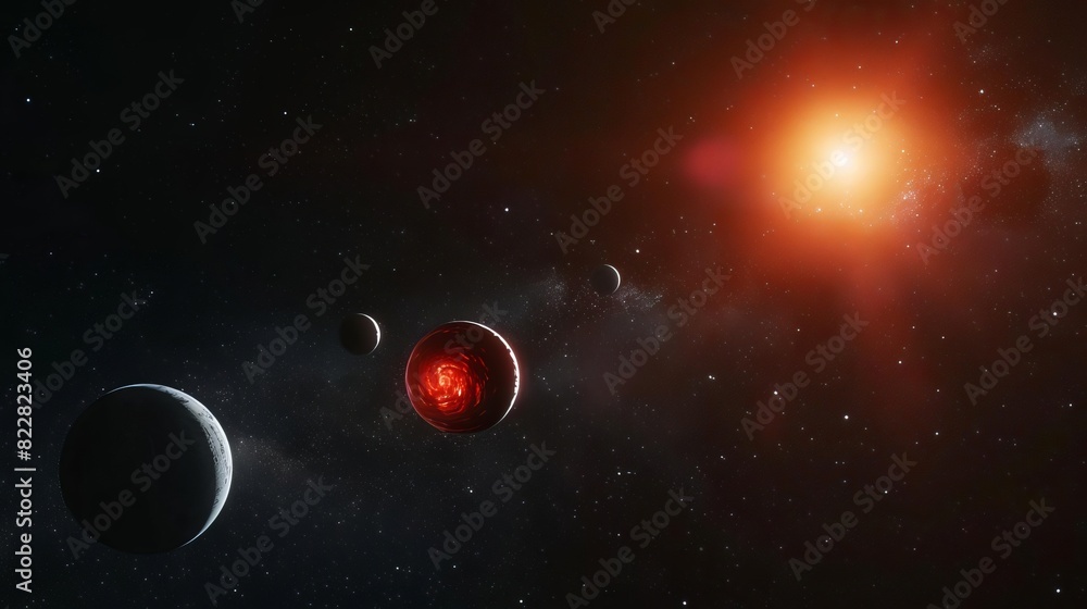 Obraz premium A red dwarf star illuminating nearby planets in a dark starfield,
