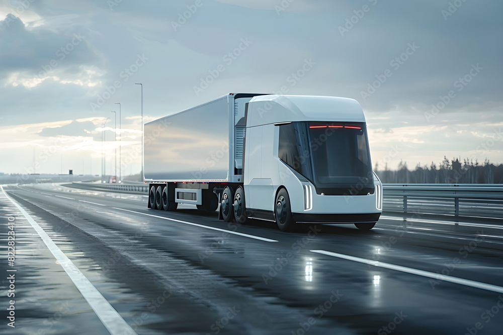 A concept of a self-driving delivery truck on a highway A concept of a self-driving delivery truck on a highway