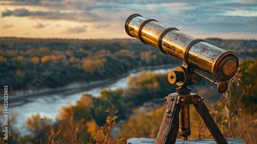 A vintage brass telescope set up on a wooden tripod overlooking a scenic landscape, photo