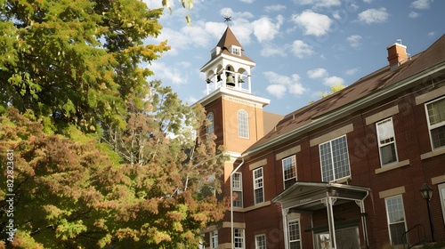 Historic brick building with a clock tower, surrounded by green trees under a bright blue sky with scattered clouds.