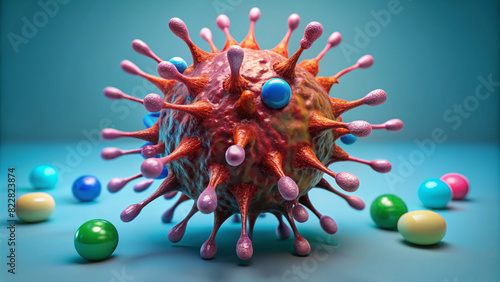 A red and pink virus with blue and pink balls surrounding it. The virus is surrounded by a colorful array of candy