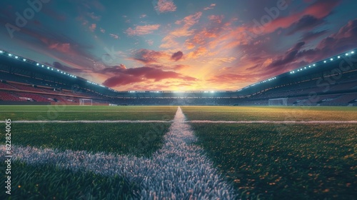 Soccer stadium with sunset sky background, wide angle, high resolution, high detail, photo realistic, sharp focus, depth of field