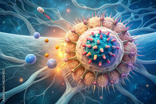A cell with a virus in it is shown in a blue and white color scheme