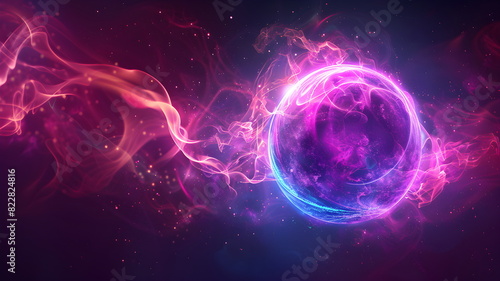 Abstract neon energy sphere of particles and waves of magical glowing