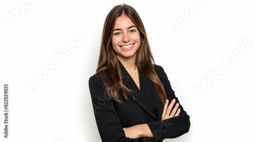 A woman in a business suit stands with a smile and arms crossed, isolated on a white background. photo