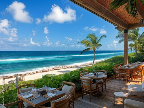 A beachside restaurant with a view of the ocean. The tables are set with plates  forks  knives  and spoons  and there are chairs and benches for seating. The atmosphere is relaxed and inviting