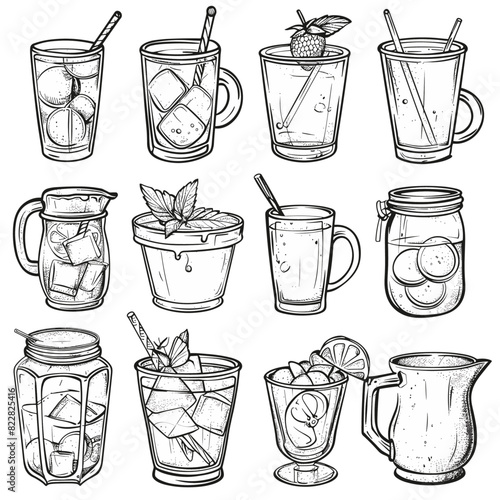 A set of drinks in glass pitchers and glasses on a table