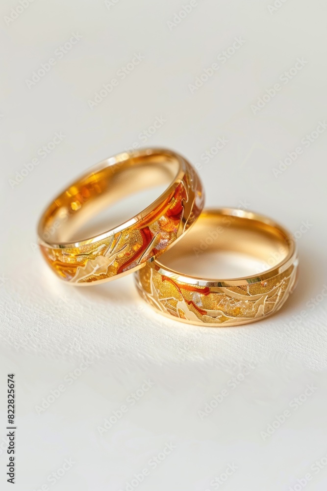 A pair of gold wedding rings in isolation on a white background. A pair of gold wedding rings in isolation on a white background.