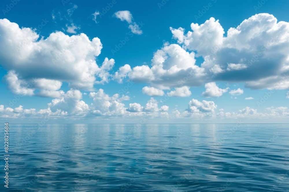 The vast ocean under clear blue skies and fluffy white clouds offers a panoramic view, the calm water reflecting the serene beauty of the sky.