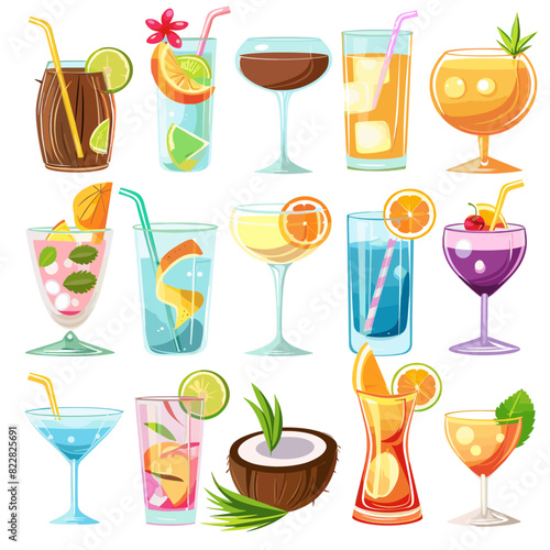Glasses include straws, ice cubes, and citrus slices