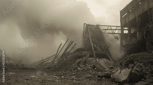 As the dust settles all that remains of the coal power plant are twisted metal beams and piles of rubble. photo