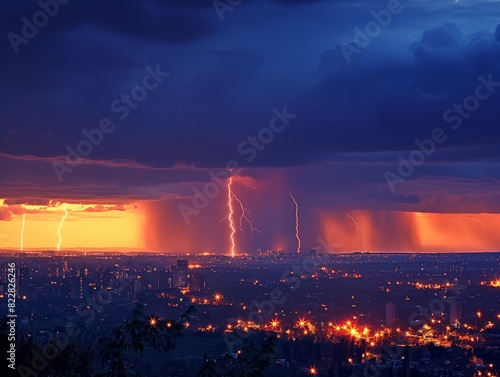 A city skyline is lit up by the bright lights of the city. The sky is dark and stormy, with lightning bolts streaking across the sky. The city is bustling with activity, with people walking around