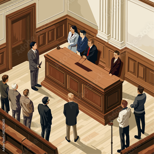 various elements such as the judge’s bench with an American flag beside it, witness stand