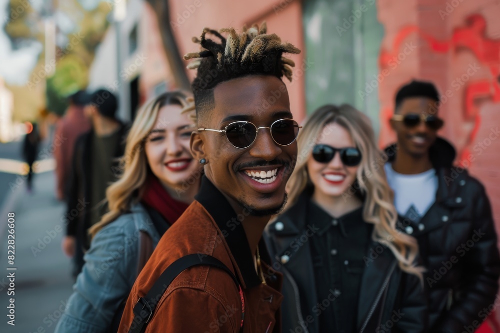 smiling african american man in sunglasses looking at camera near multicultural friends smiling african american man in sunglasses looking at camera near multicultural friends